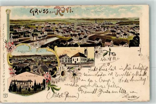 8630 Rüti ZH 1902 Lithographie Maschinenfabrik Kirche Kranken-Asyl