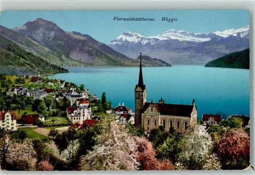 6353 Weggis 1914 Lithographie Kirche Vierwaldstättersee
