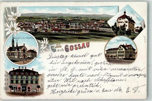 9200 Gossau SG 1898 Lithographie Schutzengel Kirche Schulhaus Hotel Ochsen Hotel Bahnhof Schloss Oberberg