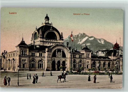 Luzern Lucerne Bahnhof und Pilatus Wappen Bahnhof Schweiz 1908