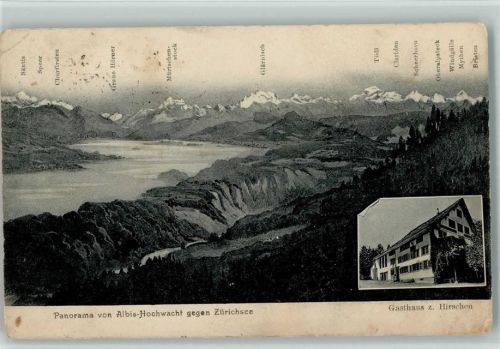 Albis Gebrauchsspuren 1909 Albis-Hochwacht gegen Zürichsee Gasthaus Zum Hrschen