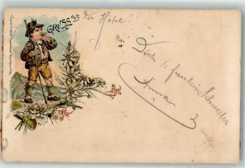 Edelweiss Gruss aus Lithographie Tracht Schweiz 1897 Gebrauchsspuren
