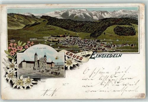 8840 Einsiedeln 1899 Lithographie Kloster Blumen Gruss