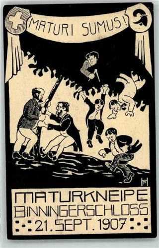 4102 Binningen 1907 - Maturfeier im Binningerschloss Zeichnung Maturi Sumus