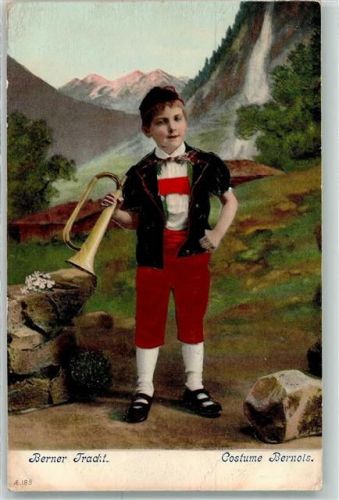 1906 Prägedruck Junge mit einer Tröte mit echter Stoff Applikation AE 185