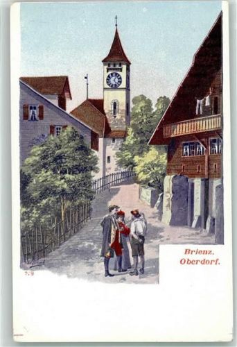 3855 Brienz BE Lithographie Oberdorf Kirche Uhr Mann Frau Tracht
