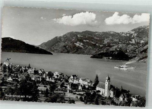 6375 Beckenried 1944 Foto AK Dampfschiff Kirche