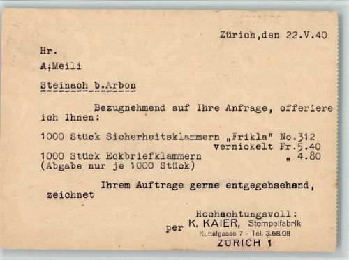 8374 Dussnang 1940 - Kneippkurort - Kaier 'Stempelfabrik Zürich - Bestellkarte