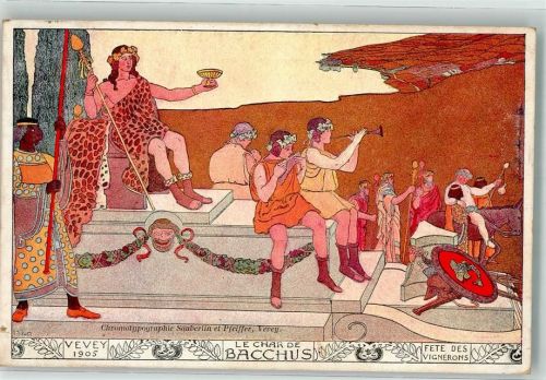 1800 Vevey Künstlerkarte sign Bieler Fete des Vignerons 1905 Le Char de Bacchus