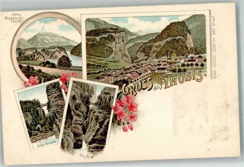 7430 Thusis Lithographie Schloss Rhazüns Schyn Brücke Via Mala Carl Künzli Dep. No. 453