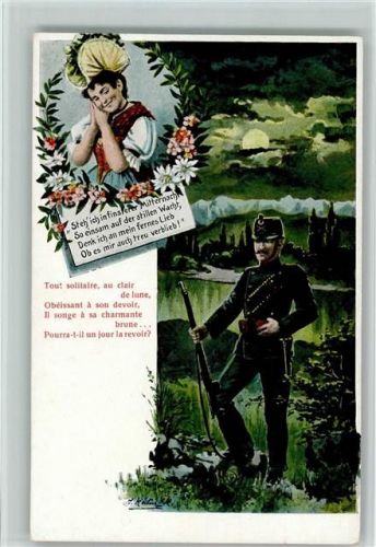 Soldat Gewehr Wache Frau Tracht Mondschein sign Militär Schweiz Künstlerkarte
