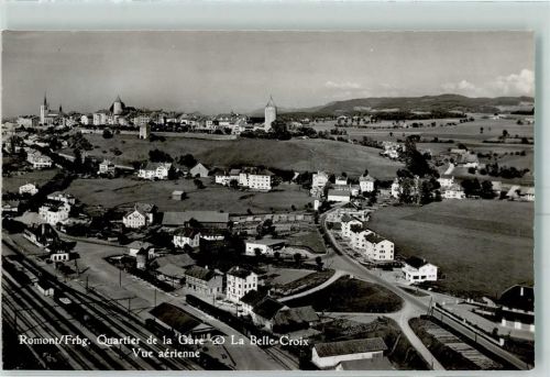 1680 Romont FR Karte beschädigt Fliegeraufnahme Bahnhof