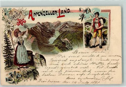 9050 Appenzell 1898 Lithographie Trachten Wanderer Glockenblume Ort lt. Stempel