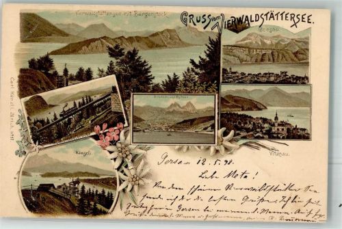 6442 Gersau 1898 Lithographie Vierwaldstättersee Eisenbahn Känzeli Vitznau Brunnen