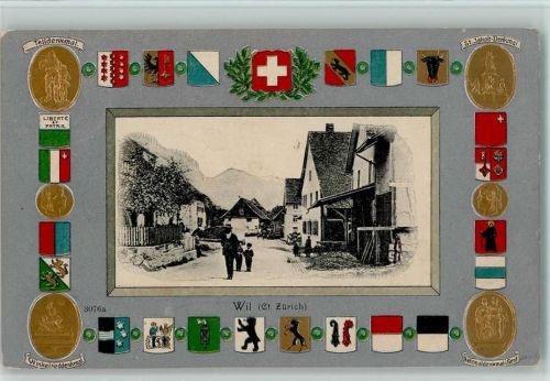 8196 Wil ZH 1907 Lithographie / Prägedruck Passepartout Telldenkmal Winkelrieddenkmal St. Jakob-Denkmal Nationaldenkmal Genf Wappen