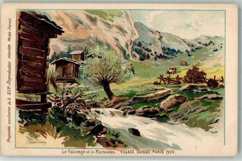 Le Paturage et le Ruisseau Village Suisse Ausstellung Paris 1900 Motiv Schweiz 1900 Lithographie