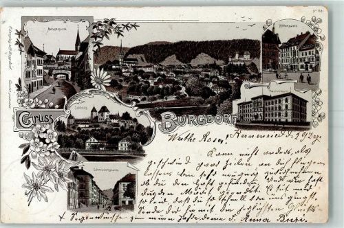 3400 Burgdorf Berthoud 1899 Lithographie Metzgergasse Schloss Schmiedengasse Hohengasse Technikum