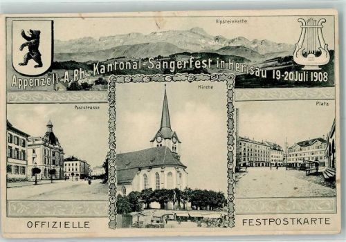 9100 Herisau 1908 Gebrauchsspuren Appenzell Kantonal-Sängerfest Alpsteinkette Poststrasse Kirche Platz
