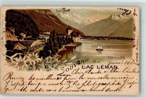Chillon Chateau 1902 Lithographie Lac du Leman Eisenbahn Carl Künzli Zürich Dep. Nr. 19