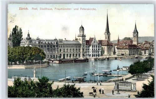 8000 Zürich - Postamt, Stadthaus, Fraumünsterkirche, Peterskirche, Straßenbahn
