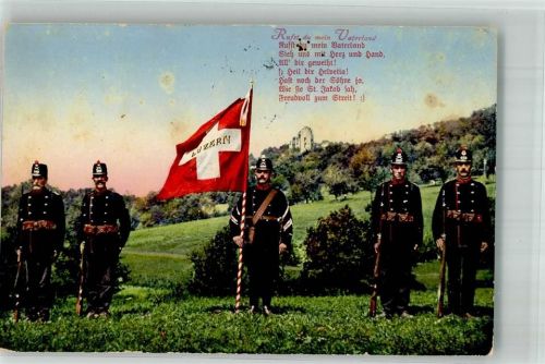 Soldaten in Uniform unter der Schweizer Fahne Feldpost Militärschulen Liestal Militär Schweiz 1921