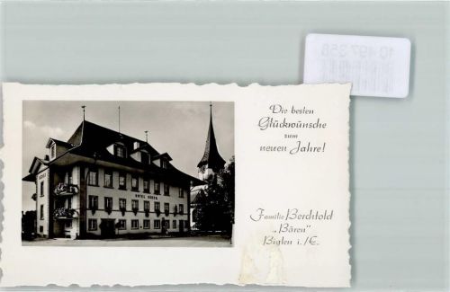 3507 Biglen FOTO KEINE AK Hotel Bären Inh. Familie Berchtold Blumenkästen Kirchturm Neujahr Foto 10cm x 7cm, rückseitig Haftspuren