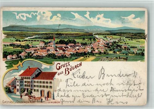 8180 Bülach 1902 BOAKC Lithographie Gasthaus Zum goldenen Kopf J. Huber Gebrauchsspuren, bitte Scan genau beachten!