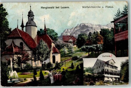 6012 Obernau 1908 Gebrauchsspuren Hergiswald bei Luzern Wallfahrtskirche und Pilatus Kurhaus