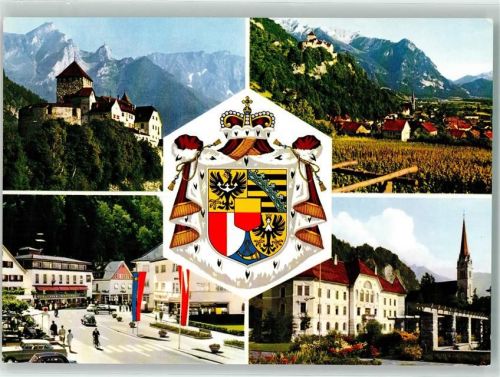 9490 Vaduz Foto AK Fürstentum Schloss Falknis Kirche Straße Fahne Auto Fahrrad Staatswappen