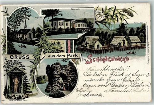 5012 Schönenwerd SO 1900 Lithographie Park Kapelle Badeanstalt Pfahlbauten Hütte mit wildem Mann Grotte
