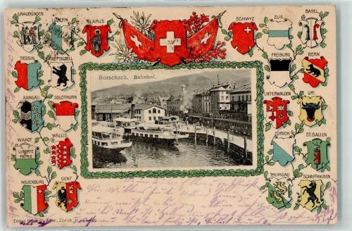 9400 Rorschach 1905 Prägedruck Bahnhof Hafen Eisenbahn Lok Dampf Schiff Wappen Blumen