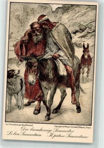 Szene Der barmherzige Ritter sign. E. Bernand Esel Samariterbund Motiv Schweiz Künstlerkarte
