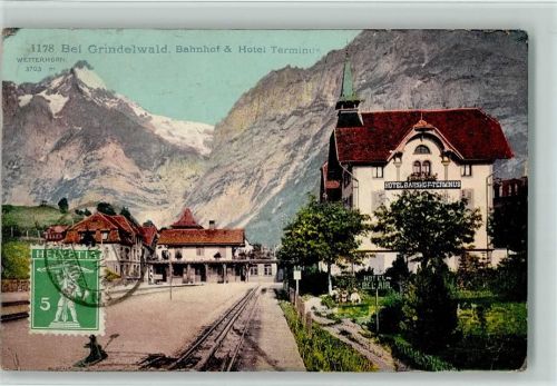 3818 Grindelwald Gebrauchsspuren Hotel Bahnhof Terminus AK