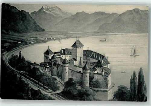 Chillon Chateau - Villeneuve Plaine du Rhone Dent du Midi Raddampfer Eisenbahn