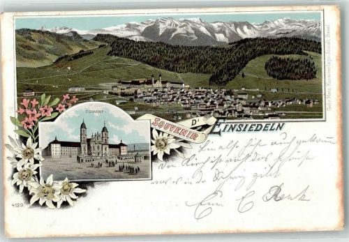 8840 Einsiedeln 1898 Lithographie Couvent Souvenir Blumen