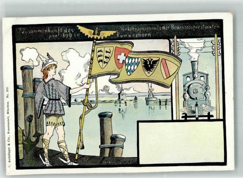 8590 Romanshorn 1899 Gebrauchsspuren Lithographie Zusammenkunft des Verkehrspersonals der Bodenseestaaten beschnitten