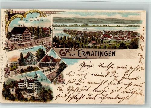 8272 Ermatingen 1898 BOAKC Lithographie Hotel Pension Zum Adler Schloss Arenaberg Rathaus Kuranstalt Schloss Hard Gebrauchsspuren, bitte Scan genau beachten!