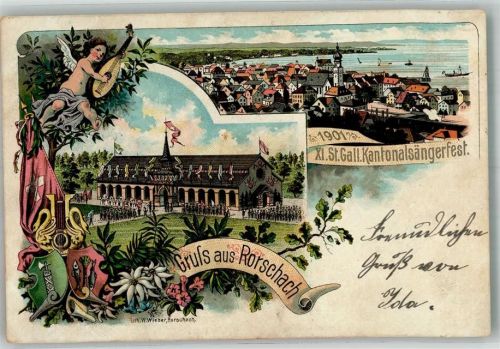 9400 Rorschach 1901 Gebrauchsspuren Kantonal- Sängerfest St. Gallen Putti Lithographie