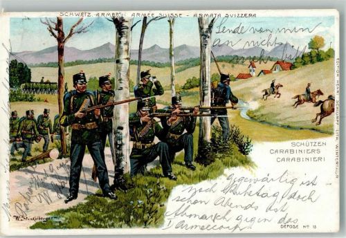 sign. Stückelberger, W. Schützen Feldpost Schützenbaillon 3 Militär Schweiz 1907 Lithographie