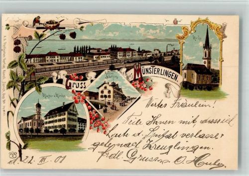 8596 Münsterlingen 1901 BOAKC Lithographie Bahnhof Kloster Kirche Pension Schelling Verlag Künzli Nr 69