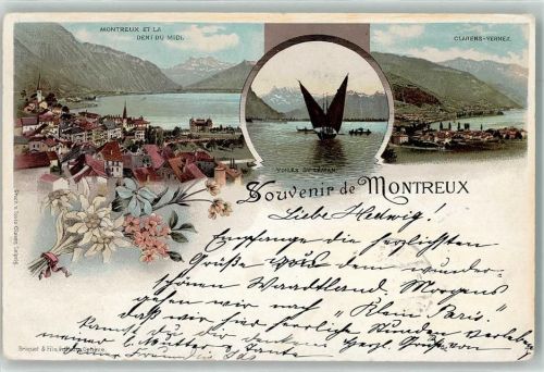 1820 Montreux 1896 Lithographie et la Dent du Midi Clarens-Vernes Yoiles du Leman
