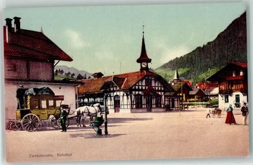 3770 Zweisimmen - Bahnhof Uhr Kutsche Pferde