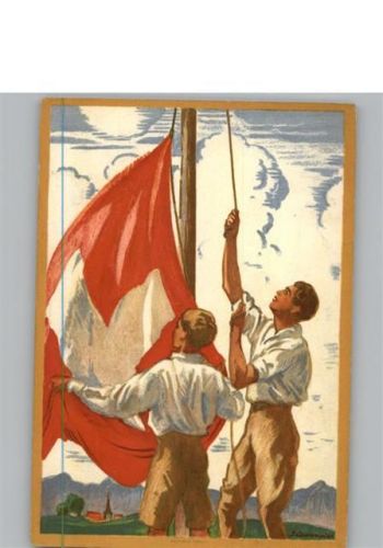 1929 , Jungen setzen eine Fahne Bundesfeier Ganzsachen Schweiz Künstlerkarte