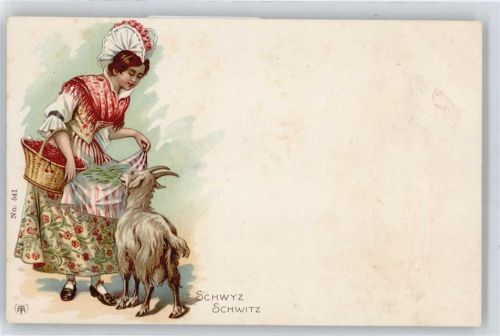 6430 Schwyz Lithographie Trachten , Kirschen , Ziege