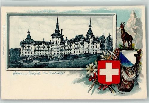 8000 Zürich Passepartout Prägedruck Dolderhotel Jagd Gämse Lithographie sign F Zuber