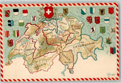 Prägedruck Landkarte Scheizer und kantonale Wappen