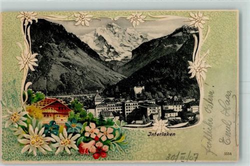 3800 Interlaken 1907 Prägedruck Passepartout Edelweiss Lithographie