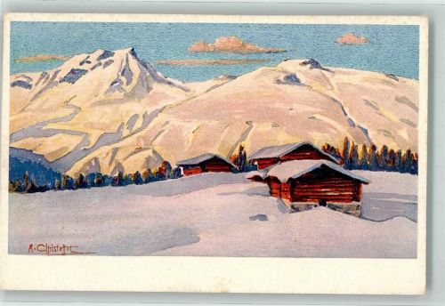 7260 Davos Dorf Künstlerkarte sign. Chrisstoffel Chalets Winter