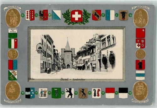 4000 Basel Bâle 1910 Prägedruck Spalentor Telldenkmal St. Jakob Denkmal Nationaldenkmal Winkelrieddenkmal Wappen