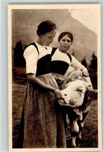 2 Berner Bauernmädchen mit Kalb